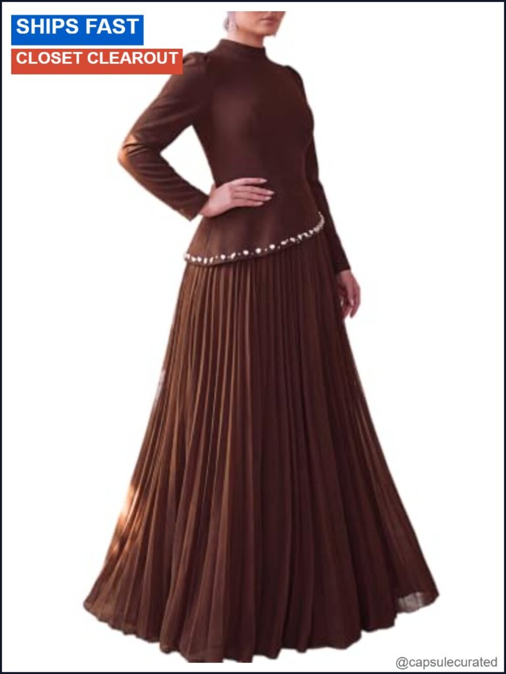 Plus Size Formal Evening Gown Rhinestone Long Puff Sleeve Maxi Dress